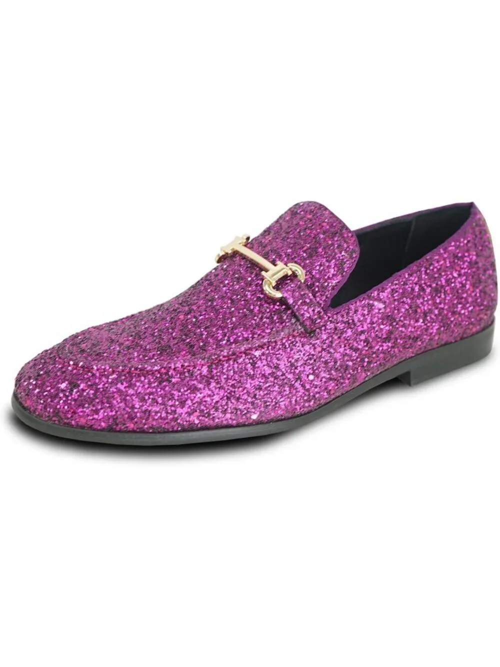 Men's Purple Glitter Loafers Metal Buckle Cap Toe Metallic Slip On Party Shoes